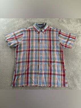 Vintage 80s Style Towncraft Plaid Camp Collar Shirt Button Up Preppy Light L